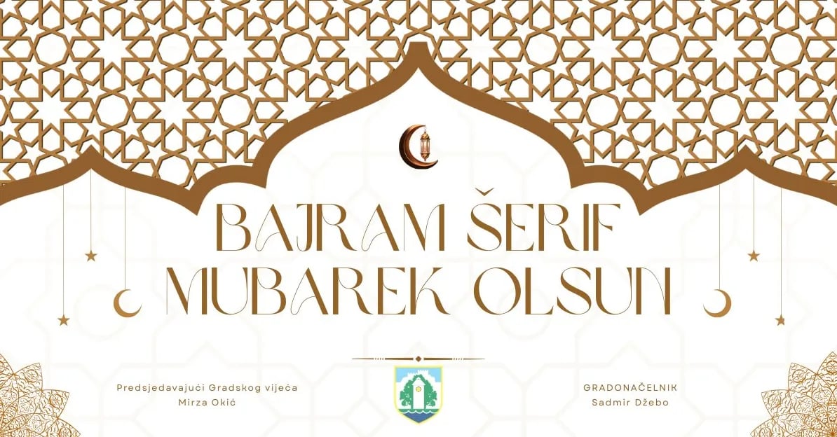 Čestitka za Bajram sa motivima polumjeseca, zvijezda i ukrasnih arapskih šara. Tekst čestitke glasi "Bajram Šerif Mubarek Olsun". Ispod teksta nalaze se grb grada Zenice te potpisi "Predsjedavajući Gradskog vijeća Mirza Okić" i "Gradonačelnik Sadmir Džebo".