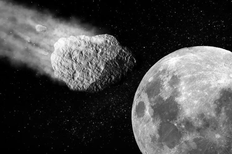 Crno-bijela slika mjeseca i asteroida u svemiru