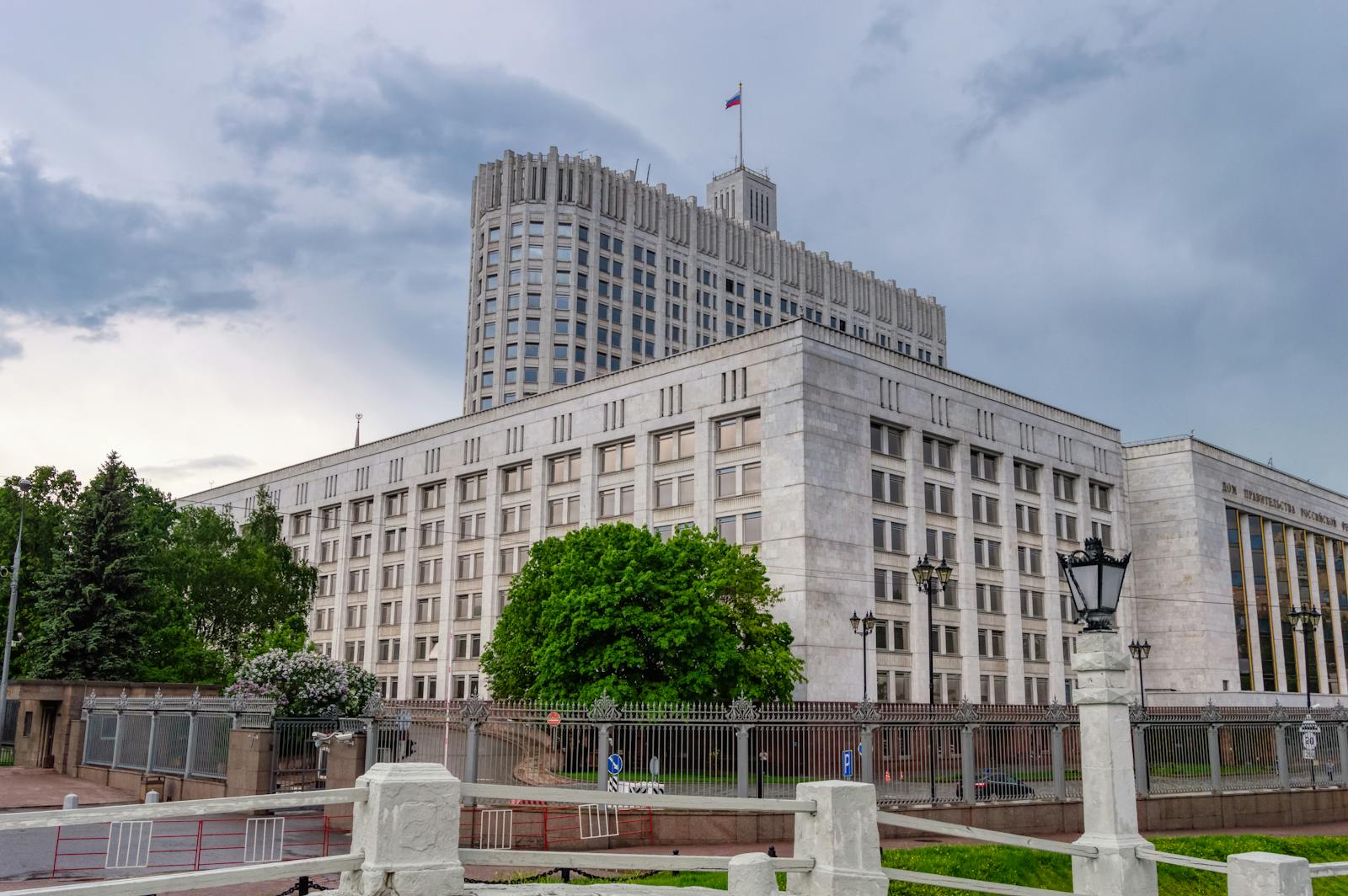 A view of the Russian White House, a prominent government building in Moscow, Russia.