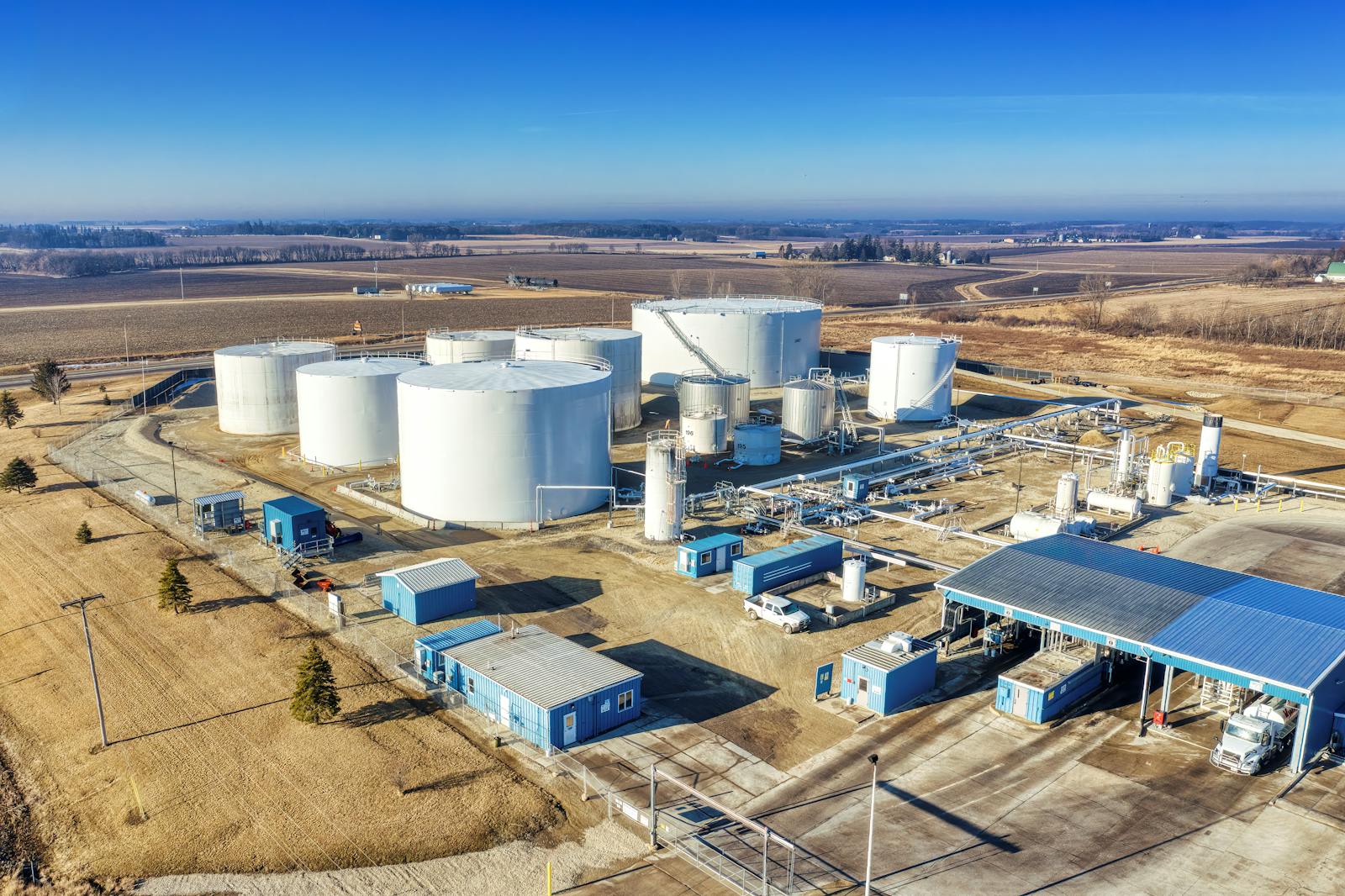 Aerial view of a manufacturing plant in Eyota, MN, highlighting industrial structures and machinery.