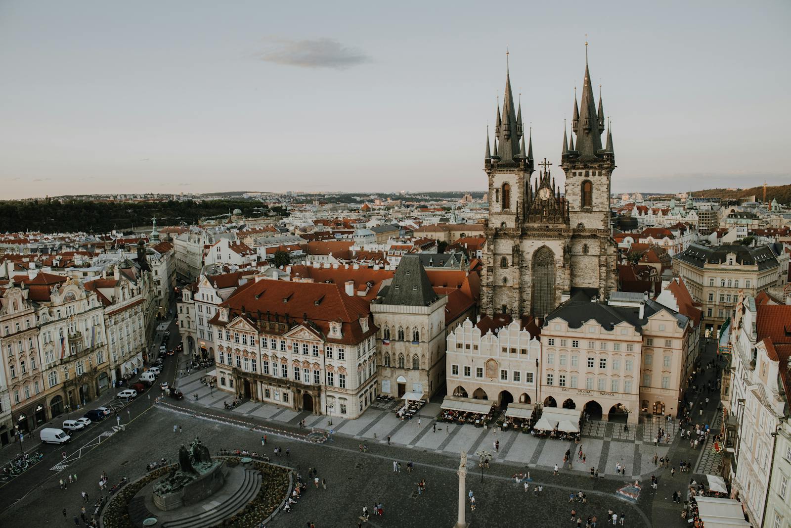 Captured from above, this image showcases Prague's iconic Old Town Square with historic architecture.