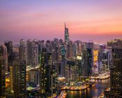 Captivating view of Dubai's skyline at dusk with vibrant city lights and skyscrapers.