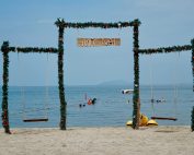 Decorated beach swings overlooking the ocean at Mui Nai, Vietnam, a perfect tropical getaway.