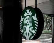 Close-up of Starbucks logo sign at a coffee shop in Taipei, Taiwan.