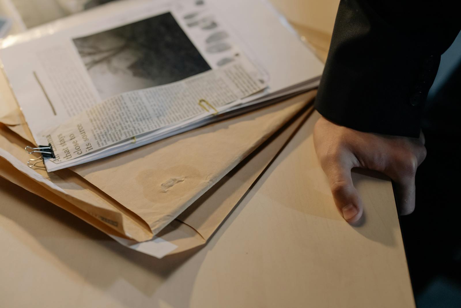 Close-up of a hand resting on a desk near a stack of investigative documents and newspaper clippings.