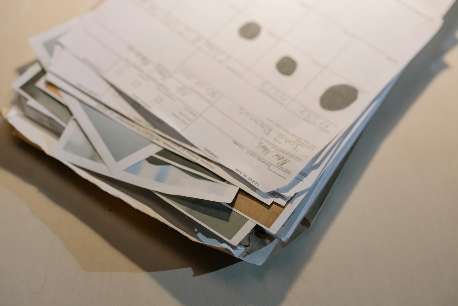 Close-up view of a stack of various papers and documents on a desk surface.