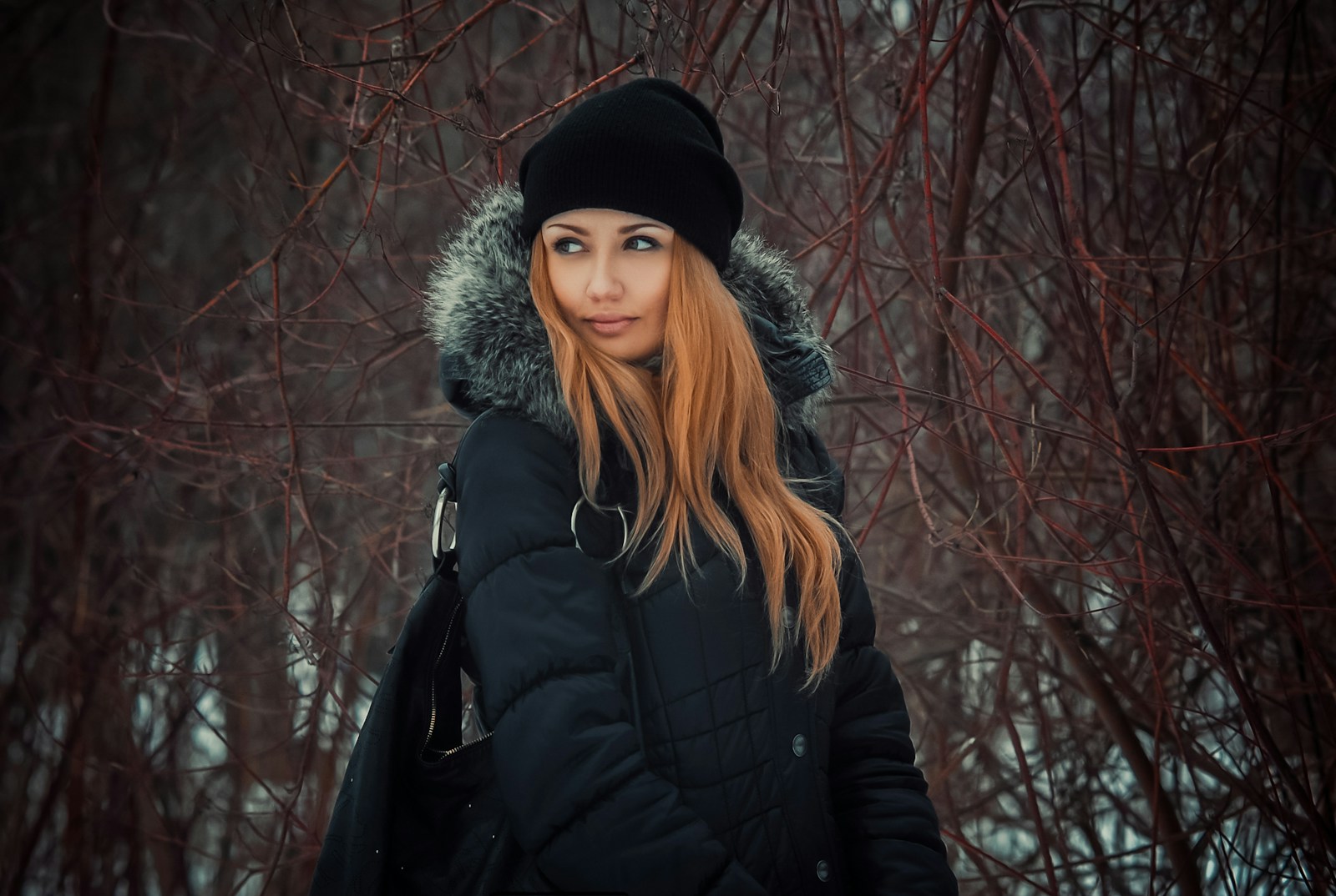 woman in black and gray fur coat standing near brown bare trees during daytime