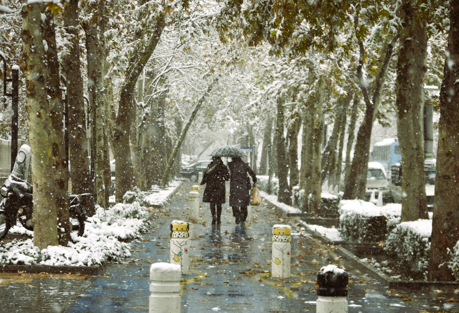 a couple of people walking down a snow covered street