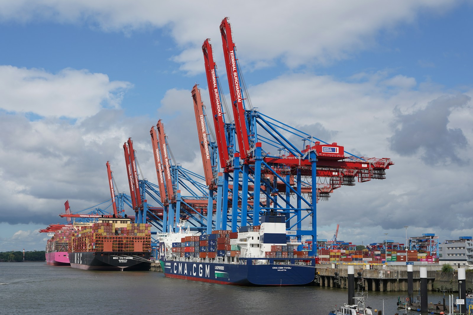 Large cranes loading cargo ships at a busy port