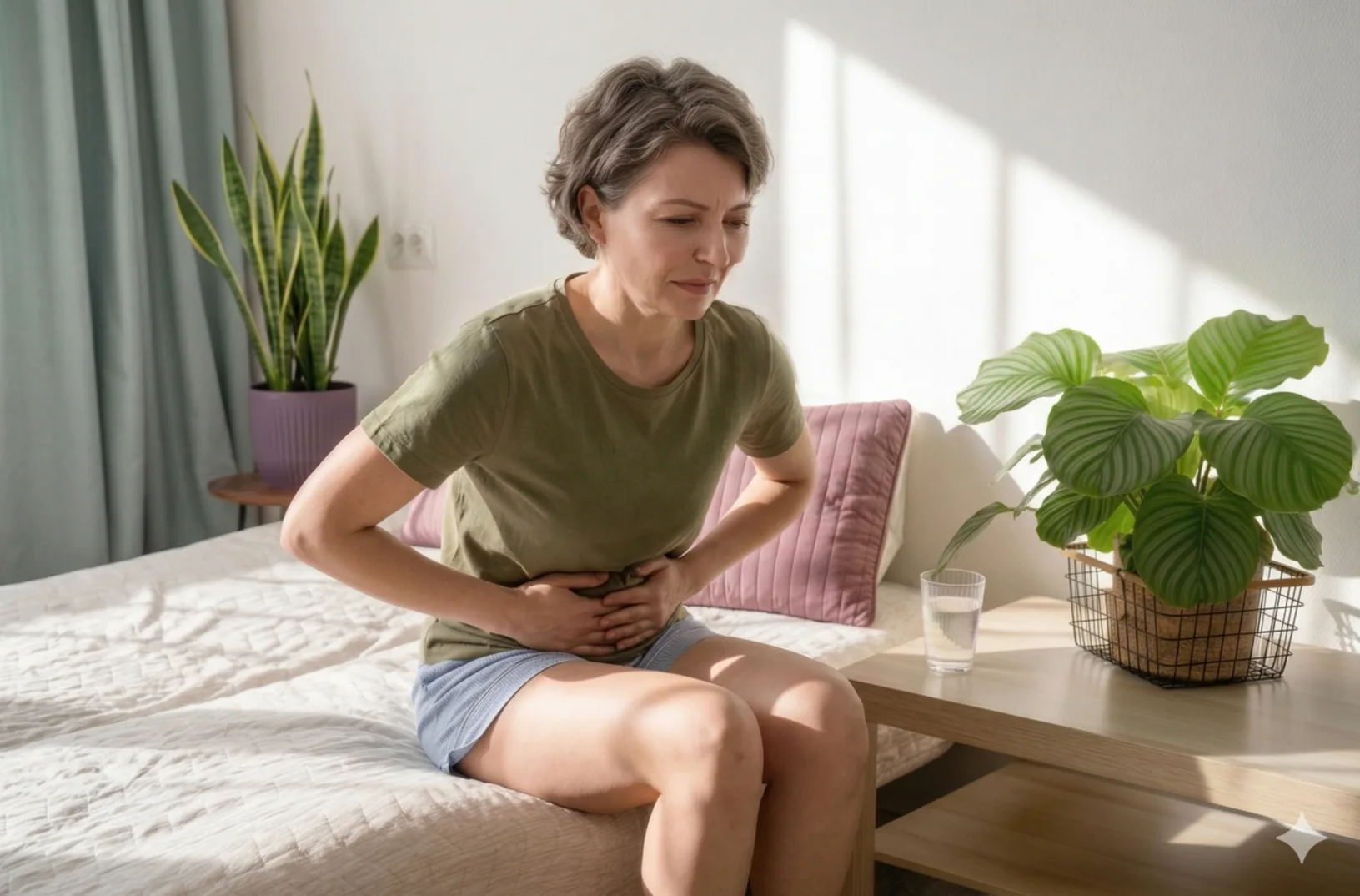 Žena srednjih godina sa kratkom sijedom kosom sjedi na krevetu i drži se za stomak, pokazujući bol ili nelagodu.