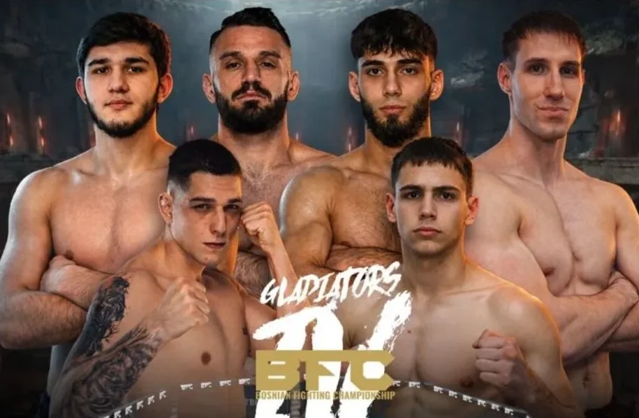 Šest boraca pozira ispred pozadine BFC Gladiators