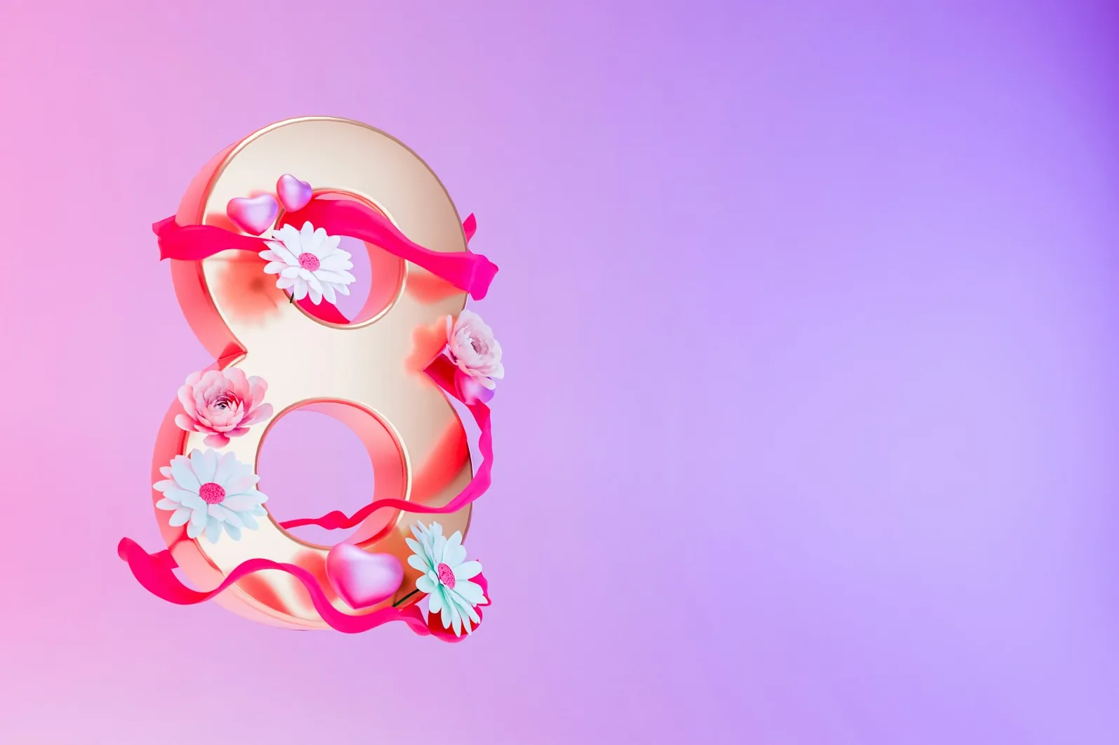 Zlatni broj osam ukrašen roze vrpcom, srcima i cvijećem na pastelnoj pozadini
