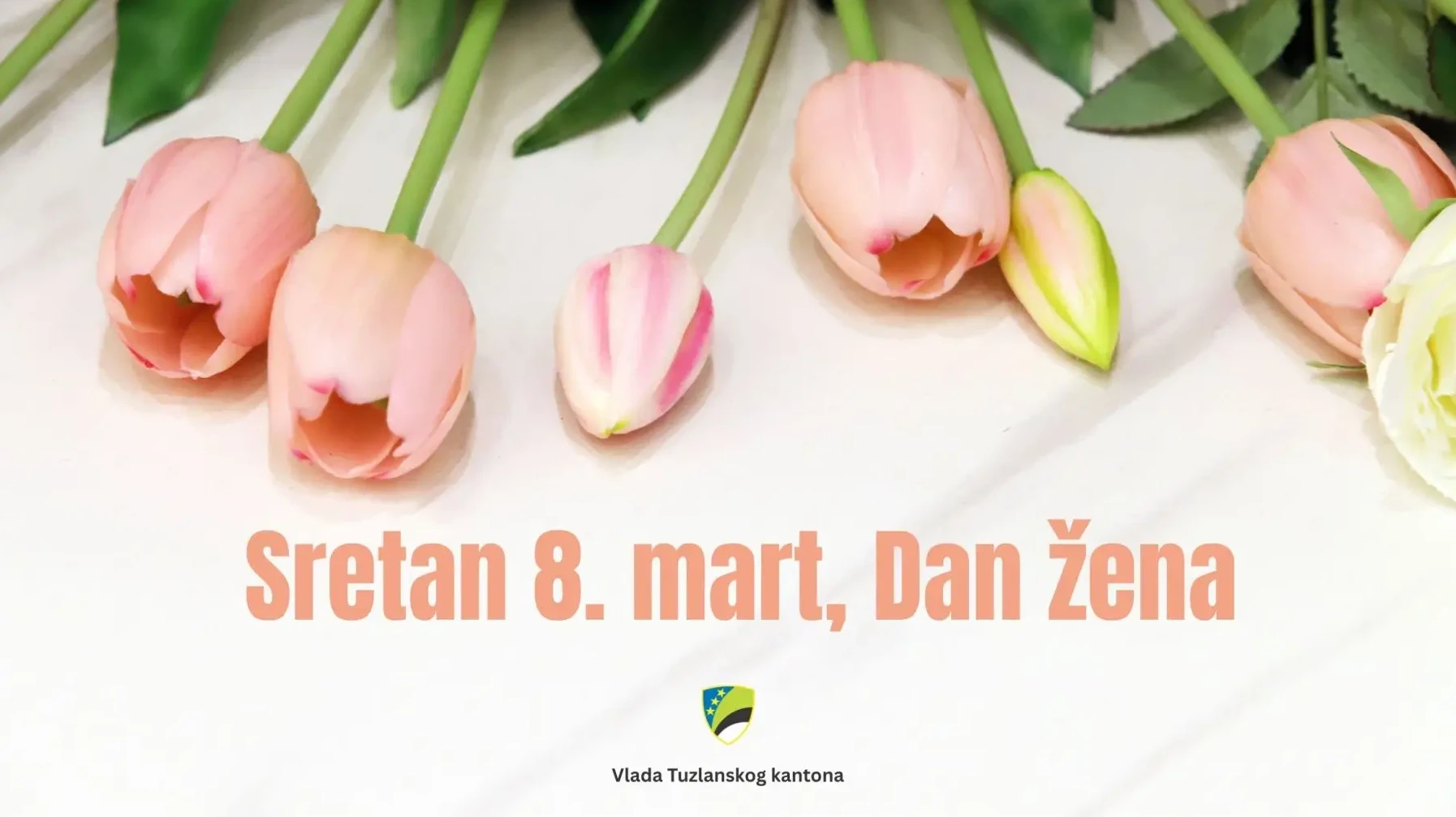 Srećan 8. mart, Dan žena - čestitka s ružičastim i bijelim cvjetovima i logom Vlade Tuzlanskog kantona.