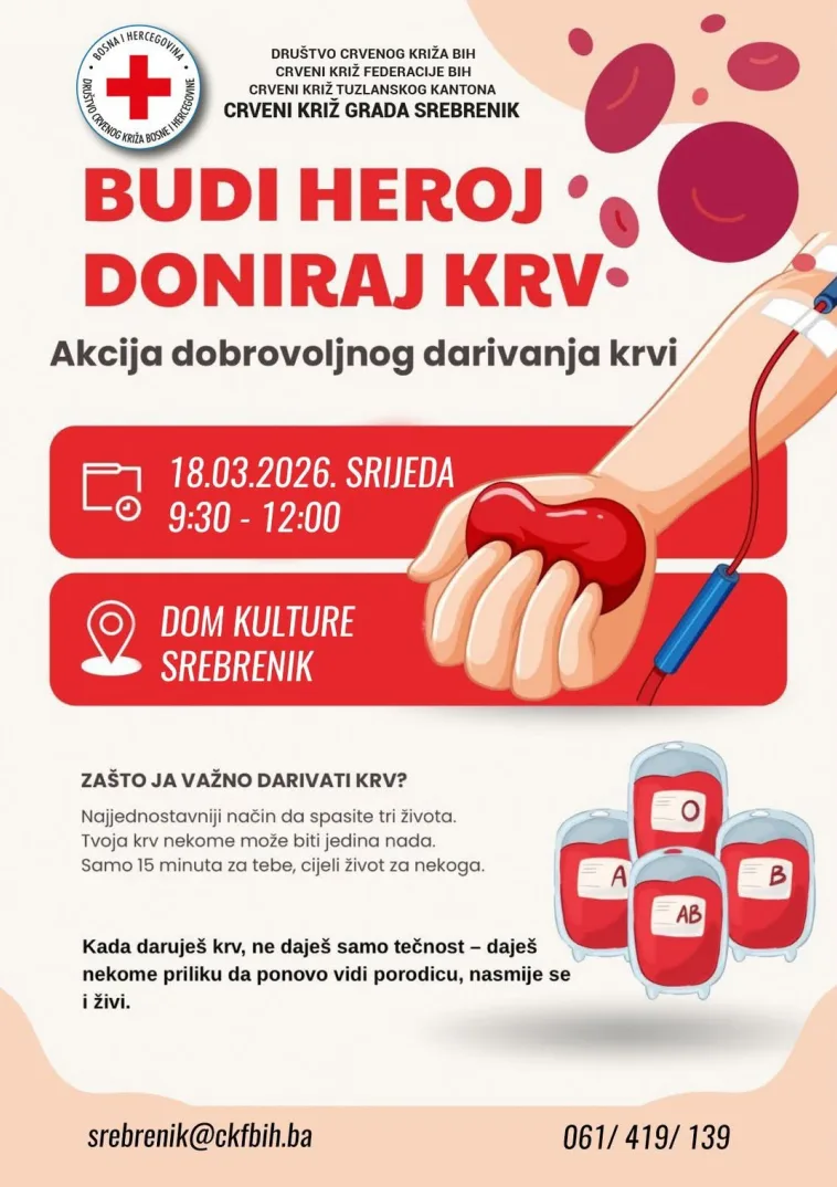 Poziv na dobrovoljno darivanje krvi u Srebreniku