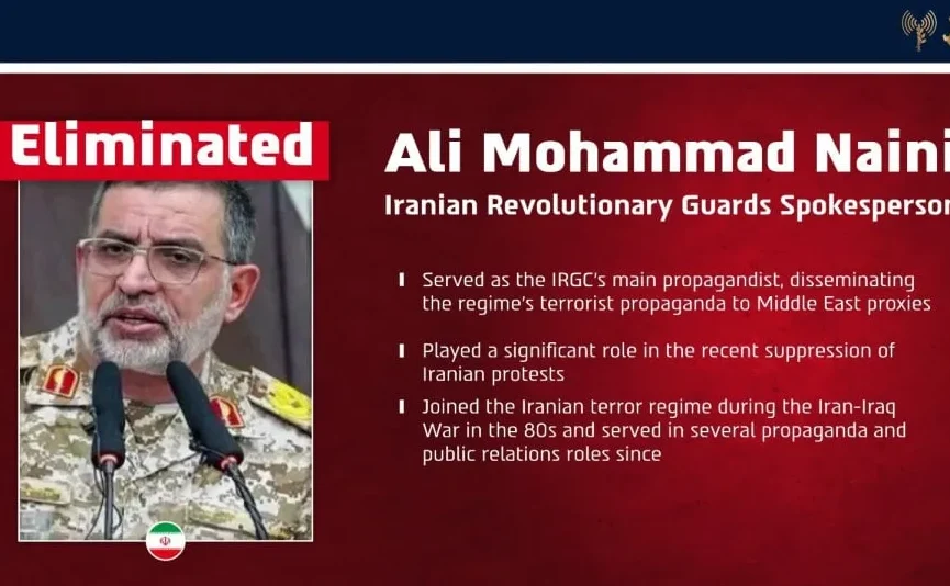 Fotografija Ali Mohammada Naine, glasnogovornika Iranske revolucionarne garde, s natpisom "Eliminisani".