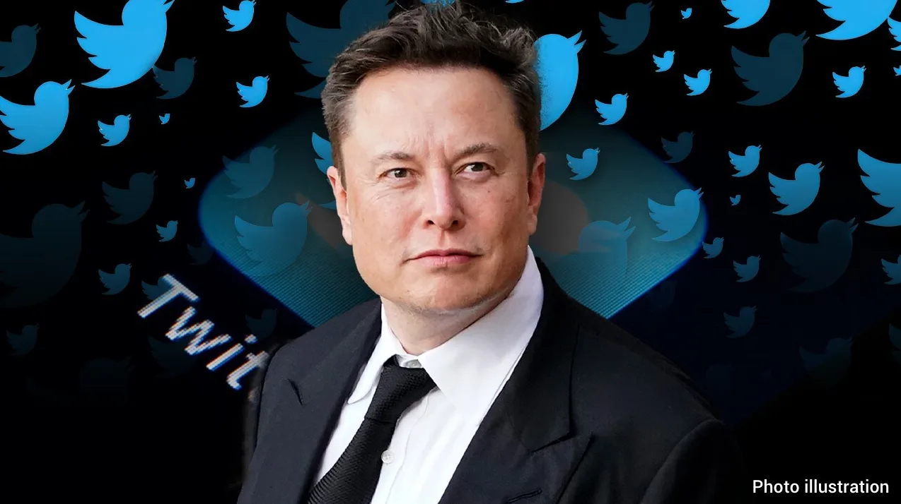 Elon Musk sa Twitter logom u pozadini