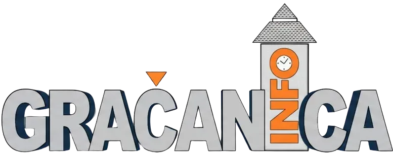 Logotip "Gračanica Info" sa stilizovanim tornjem i satom.