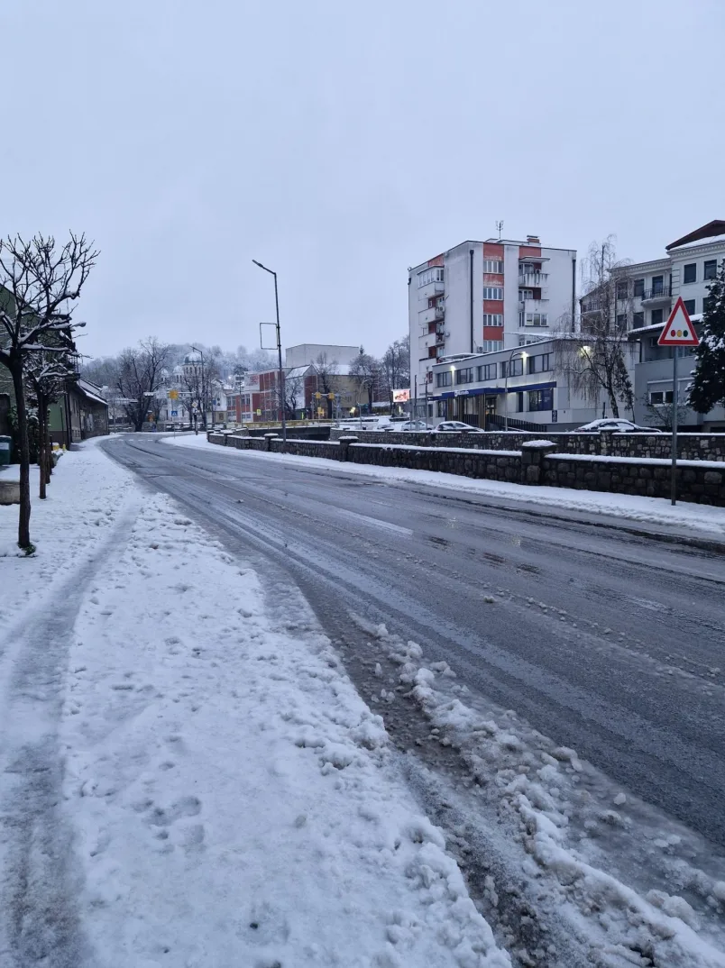 Gradska ulica prekrivena snijegom i ledom, sa zgradama i drvećem u pozadini.