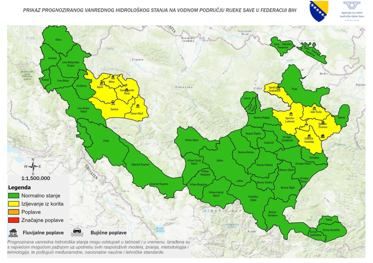 Mapa prognoze vanrednog hidrološkog stanja na vodnom području rijeke Save u Federaciji BiH, sa legendom koja prikazuje normalno stanje (zeleno), izljevanje iz korita (žuto), poplave (narandžasto) i značajne poplave (crveno).