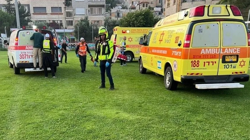 Dva vozila hitne pomoći marke "Ambulance" parkirana su na zelenoj travi, s ljudima obučenim u prsluke i uniforme hitne pomoći koji stoje oko njih, noseći medicinsku opremu. U pozadini su zgrade i drveće.