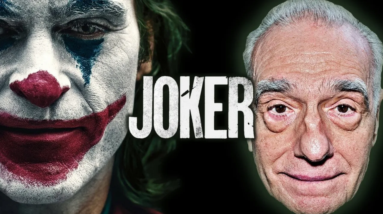 Dva lika, jedan sa šminkom klauna i zelenom kosom, te drugi portret starijeg gospodina, sa natpisom 'JOKER' u sredini.