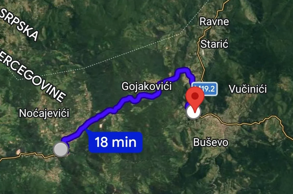 Karta koja prikazuje rutu puta kroz Bosnu i Hercegovinu sa označenim lokacijama Gojakovići, Vučinići i Buševo, te vremenom putovanja od 18 minuta.
