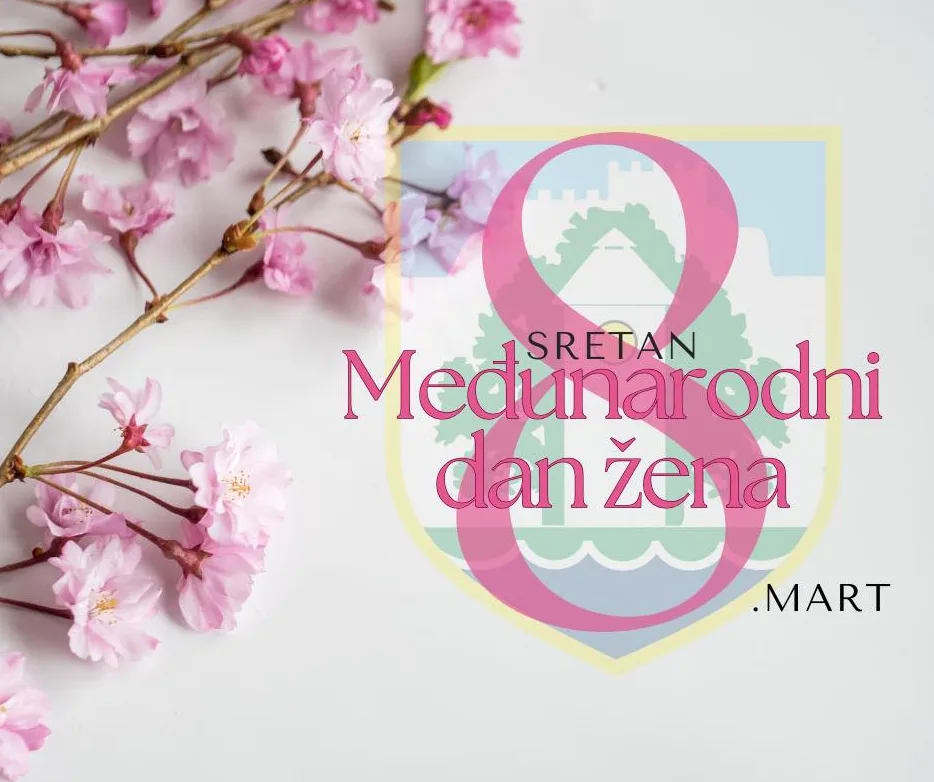 Čestitka za Međunarodni dan žena sa ružičastim cvjetovima trešnje i brojem 8.