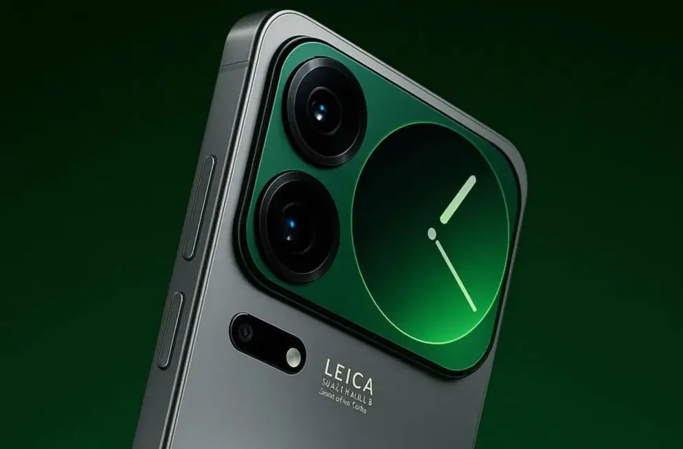 Detaklji modernog mobilnog telefona sa dvostrukom Leica kamerom i kružnim zelenim dizajnom na tamnozelenoj pozadini.