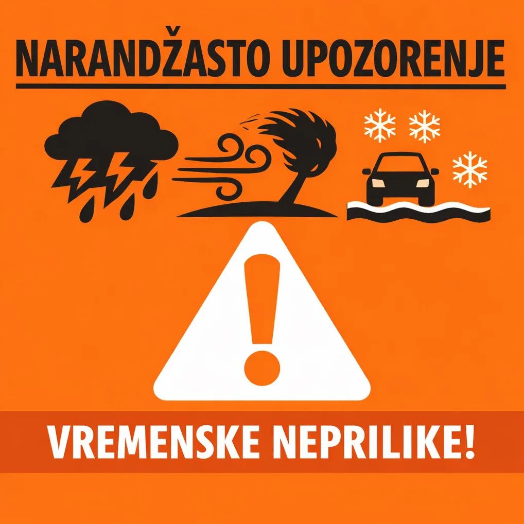 Narandžasto upozorenje za vremenske neprilike sa ikonama grmljavine, olujnog vjetra, snijega i automobila na putu.