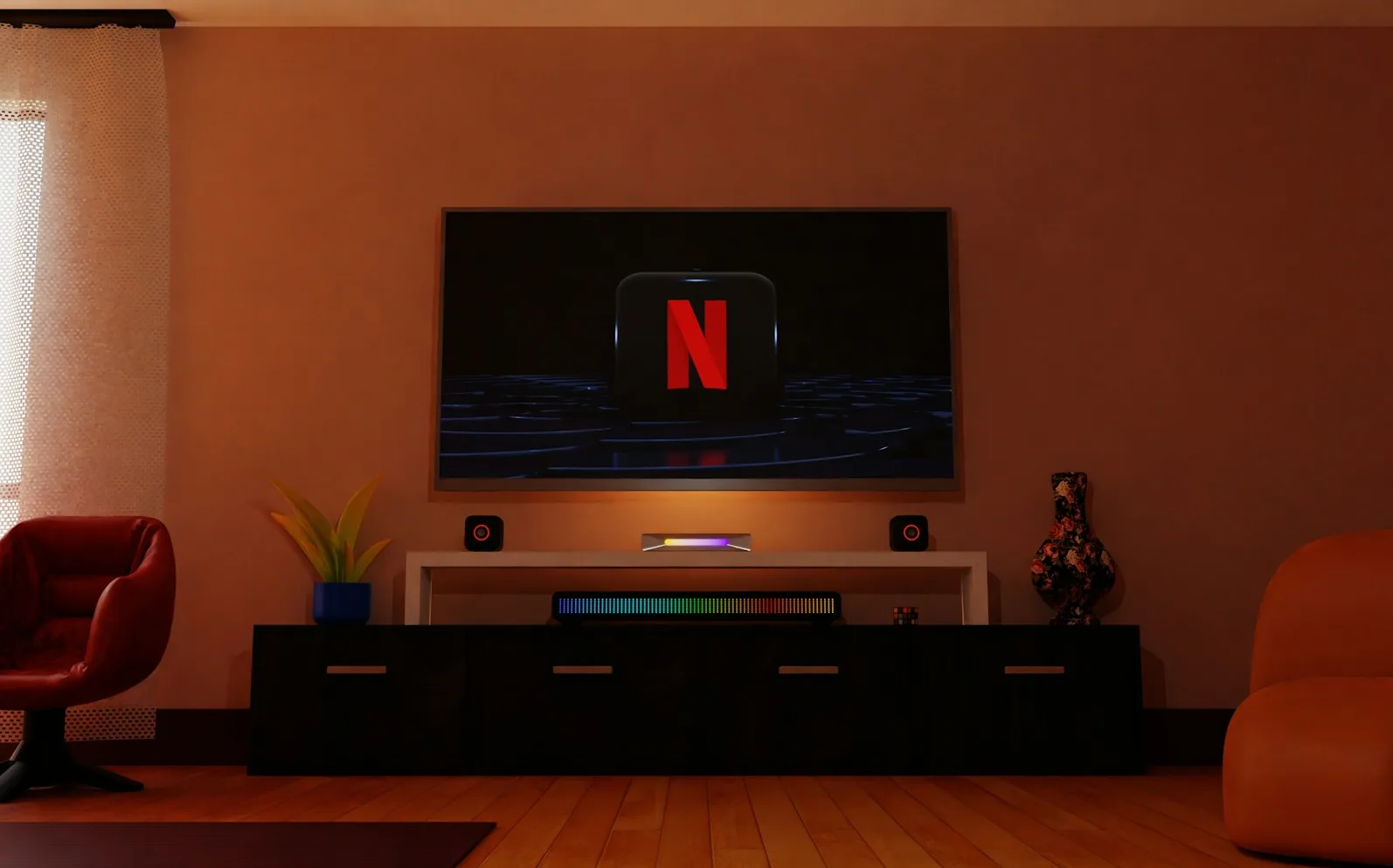 Televizor sa Netflix logom u tamnoj dnevnoj sobi