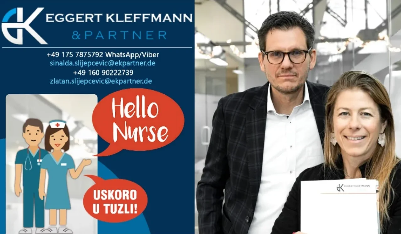 Reklama za "Eggert Kleffmann & Partner" sa slikom njegovateljica i porukom "Hello Nurse" i "Uskoro u Tuzli!". Prikazani su i kontakt podaci kompanije.