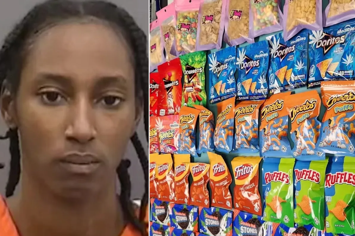 Optužena osoba s jedne strane i niz različitih pakovanja grickalica, uključujući Doritos, Cheetos, Fritos i Ruffles s logotipom lista kanabisa, s druge strane.