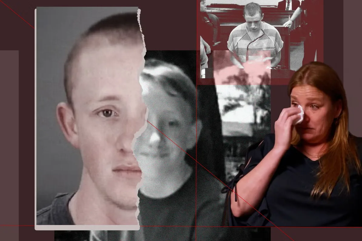 Optuženi muškarac u zatvorskoj odjeći, njegovo lice djelomično prekriveno, te žena koja briše suze maramicom.