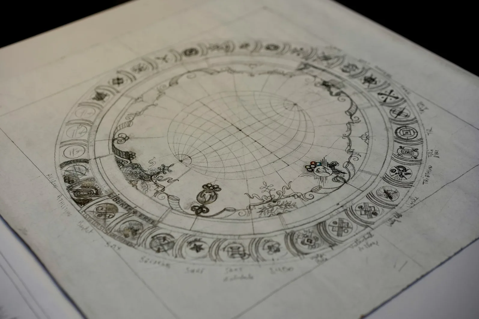 Detaljan crtež olovkom na papiru koji prikazuje skicu globalne projekcije Zemlje s meridijanima i paralelnim linijama unutar kružnog dizajna. Vanjski rub ukrašen je nizom stilizovanih simbola, ornisa i natpisa, sugeriše složenu kartu ili astronomski dijagram.