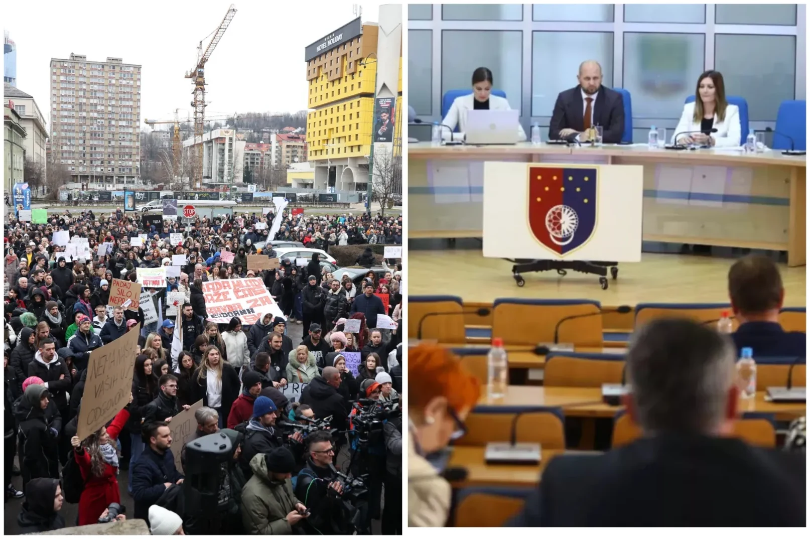 Dvije scene: lijevo veliki skup građana sa transparentima, desno ljudi za stolom u sali sa grbom ispred njih.