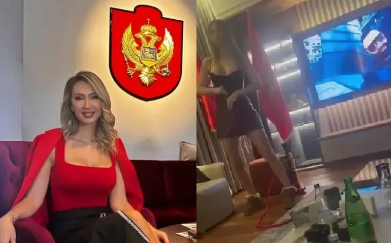 Žena u crvenoj haljini sjedi na trosjedu ispred grba Crne Gore, dok je na drugoj strani snimka druga žena u kratkoj haljini.