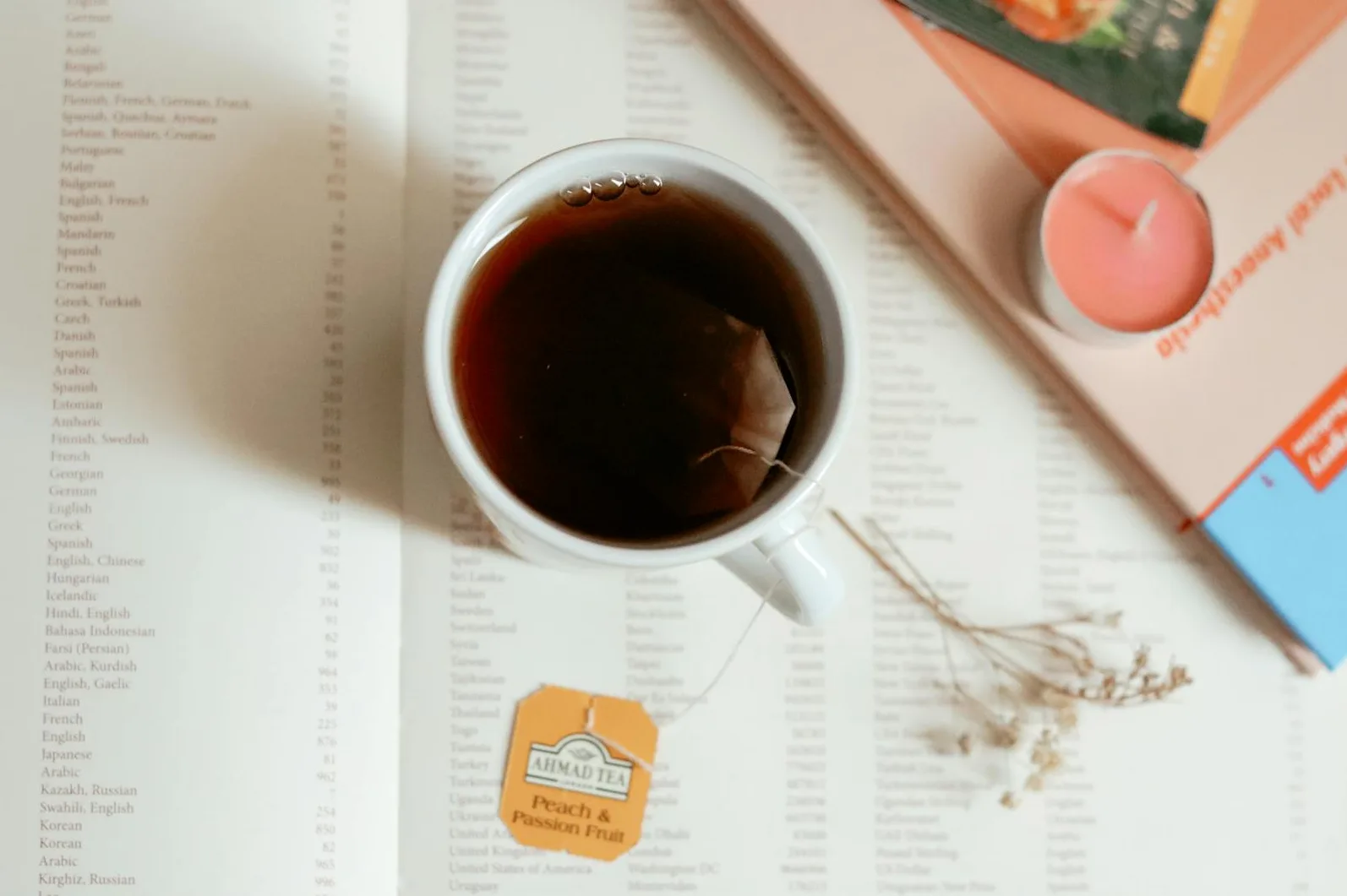 Warm tea setting with a cup, books, and a candle for a cozy atmosphere.
