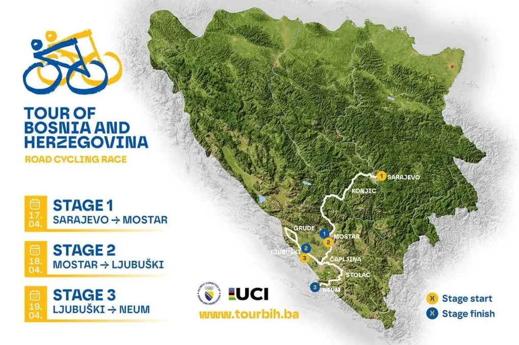 Mapa Bosne i Hercegovine sa ucrtanim etapama biciklističke trke "Tour of Bosnia and Herzegovina", koja obuhvata rute Sarajevo - Mostar, Mostar - Ljubuški i Ljubuški - Neum.