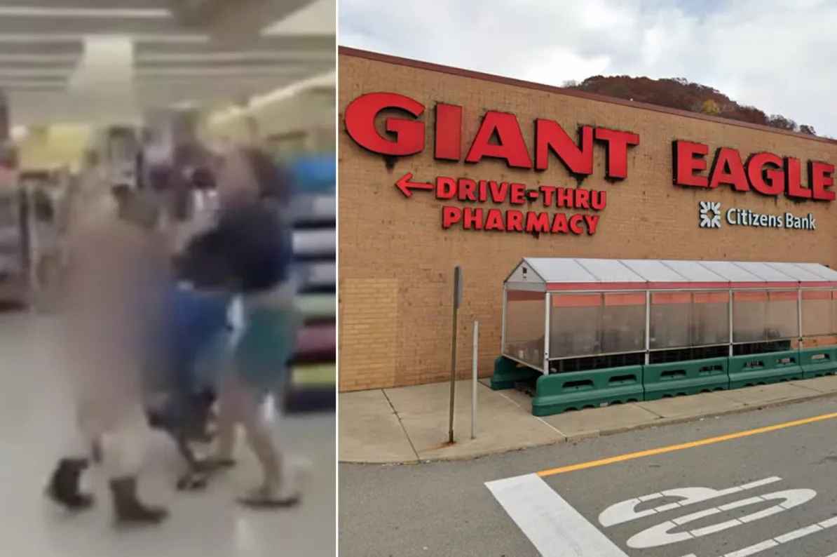 Prizor tuče u supermarketu i spoljni izgled prodavnice Giant Eagle sa Drive-Thru apotekom.