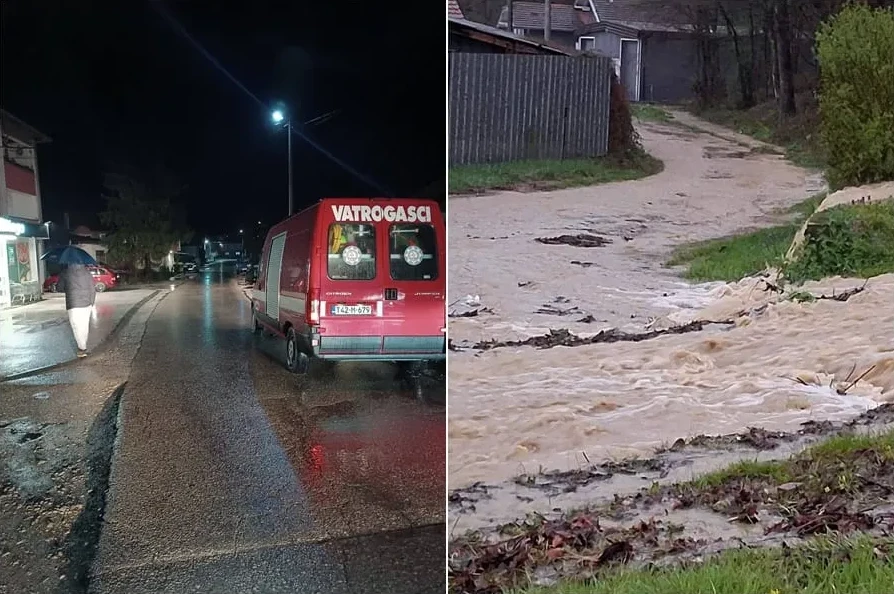Slika prikazuje dvije scene: na lijevoj strani je vatrogasni kombi parkiran na mokroj ulici noću, dok osoba s kišobranom prolazi; na desnoj strani je potok koji je nabujao i poplavio put okružen zelenilom i drvećem.