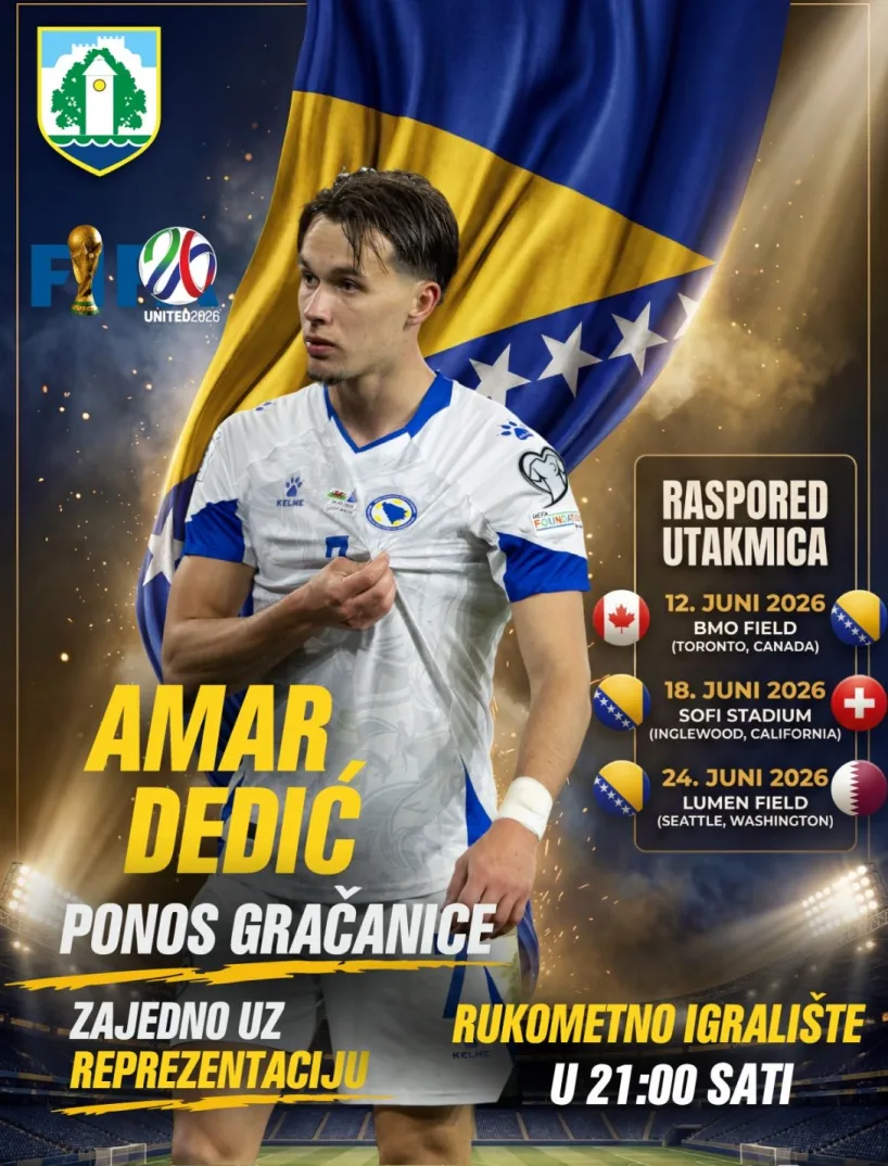 Fudbaler Amar Dedić u dresu reprezentacije Bosne i Hercegovine, sa zastavom BiH u pozadini i rasporedom utakmica FIFA Svjetskog prvenstva 2026.