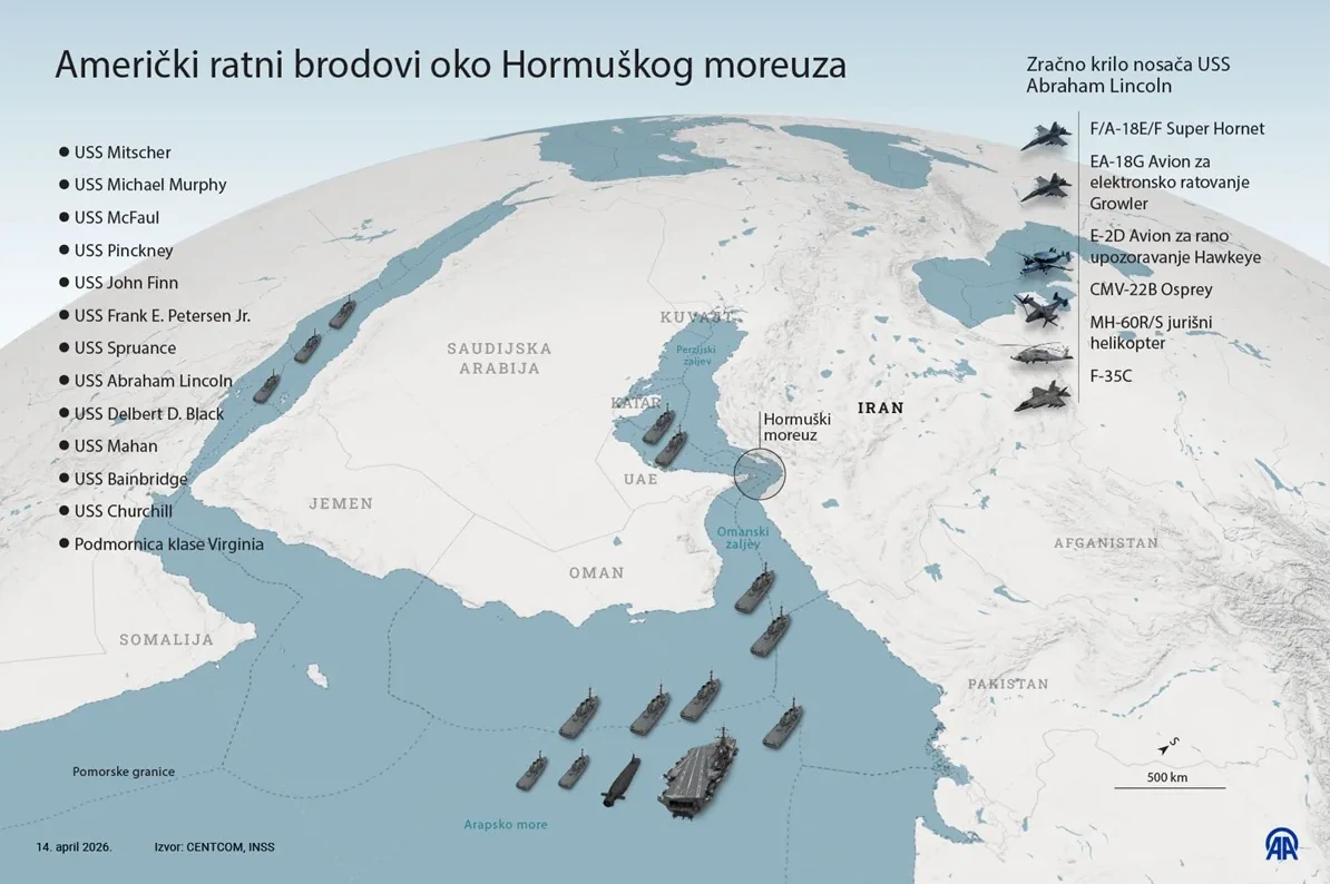 Mapa američkih ratnih brodova i aviona oko Hormuškog moreuza.