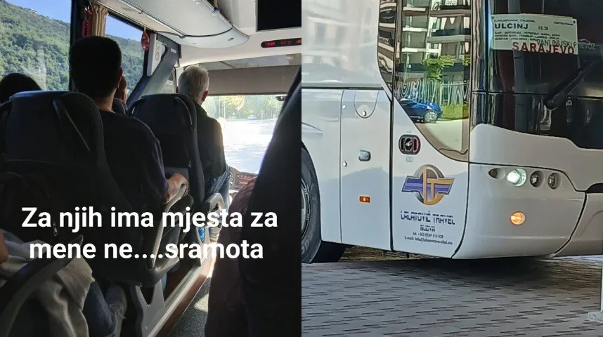 Putnici u autobusu na relaciji Ulcinj - Sarajevo, sa natpisom "Za njih ima mjesta za mene ne... sramota".