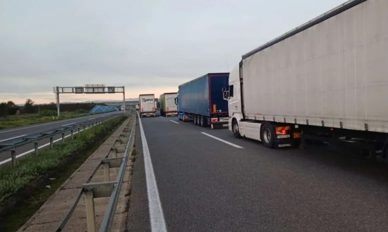 Duža kolona kamiona zaustavljena na autocesti.