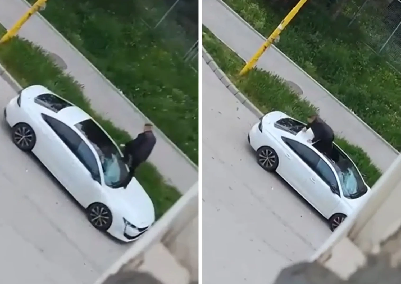 Osoba izviruje kroz otvoreni panoramski krov bijelog automobila parkiranog pored zelenila i trotoara.