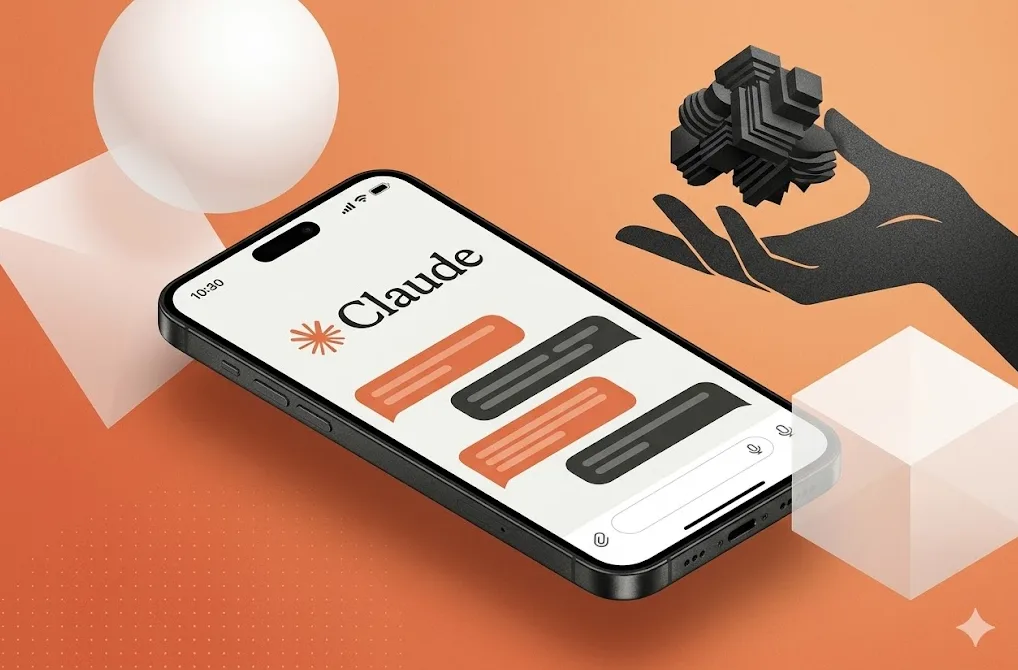 Simulacija aplikacije za četovanje 'Claude' na ekranu modernog pametnog telefona.