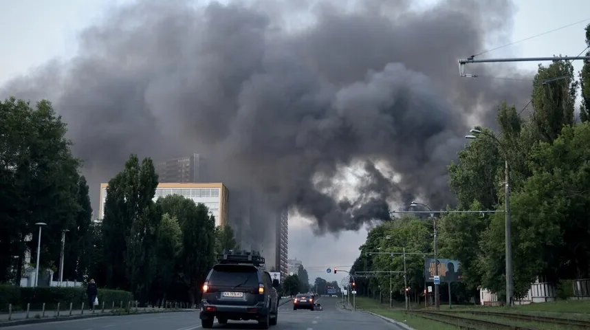 Crni gusti dim kulja iznad stambene zgrade i drveća, u daljini se vide automobili u pokretu na cesti.