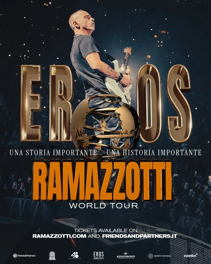 Poster za Eros Ramazzotti World Tour sa slikom pjevača koji svira gitaru i zlatnim globusom.
