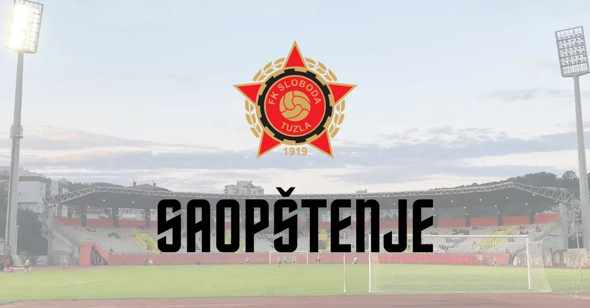 Grb FK Sloboda Tuzla i natpis "Saopštenje" iznad stadiona