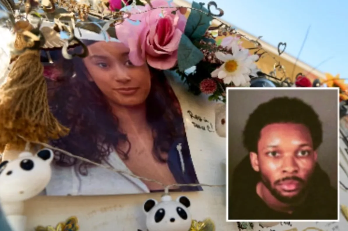 Fotografija sa spomen-obilježjem mlade djevojke i slikom osumnjičenog muškarca.